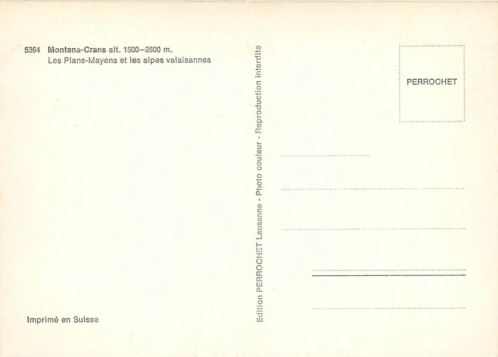 Montana-Crans alt. 1500-2600 m. — Les Plans-Mayens et les Alpes Valaisannes — Édition PERROCHET - Rückseite