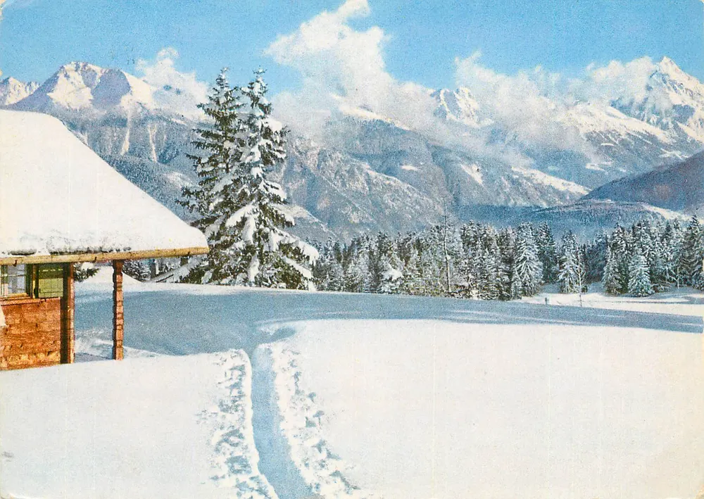 Montana, Corbetschgrat und Weißshorn — wintervoorstelling met houten hut — gedrukt in Zwitserland, n° 2615 - Voorkant
