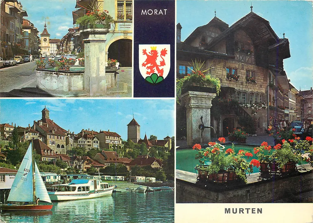 Morat und Murten — Ansicht der Place, der Fontäne und des Sees — Bovey & Cie, Gerève - Vorderseite