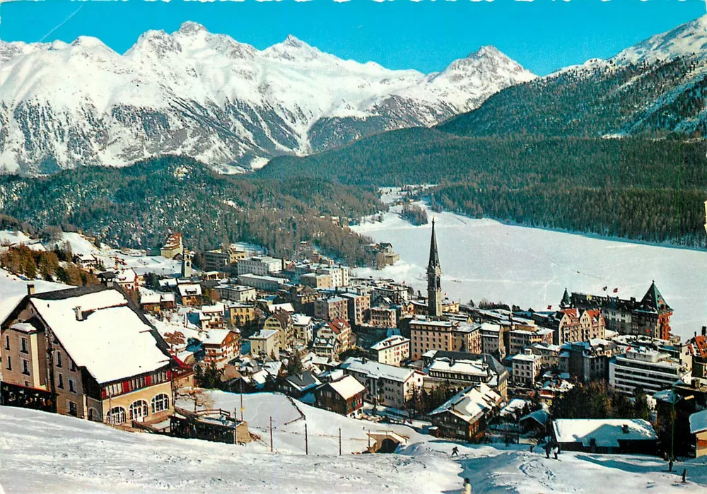 St. Moritz — vista panorâmica com o Piz Languard (3266 m) — Photoglob - Wehrli A.G. - Zürich, n° 2768 - Frente
