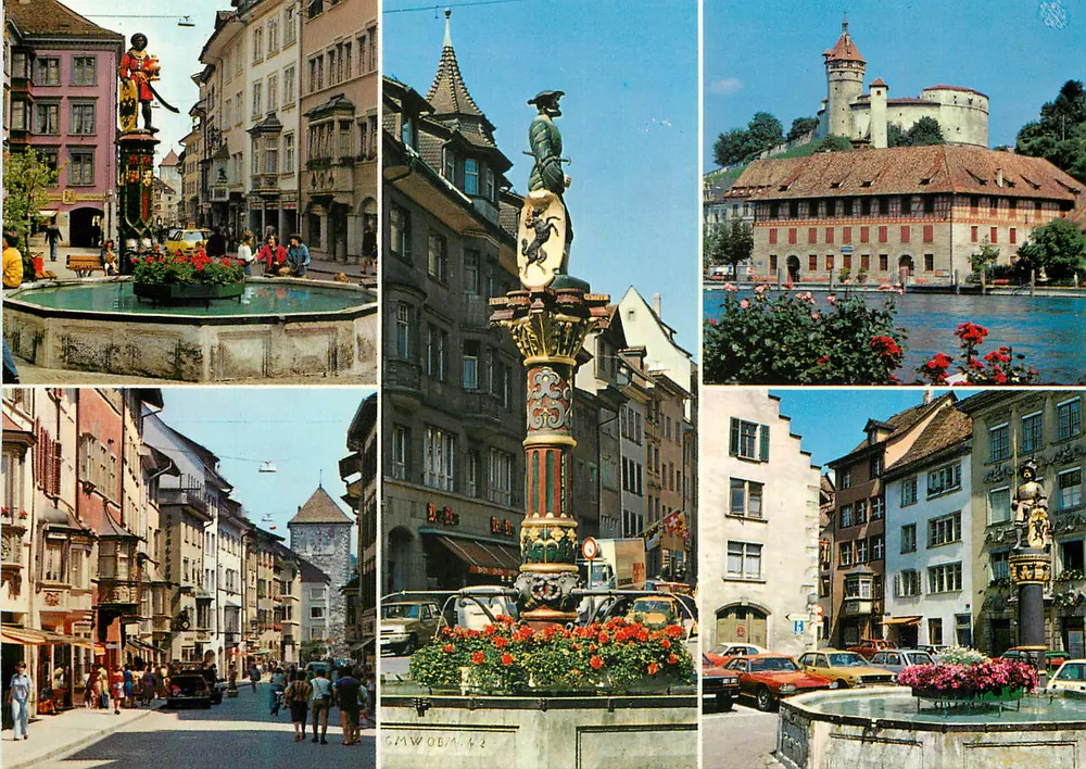 Schaffhausen — Ansicht der Stadt mit Brunnen und Schloss — Verlag Winterrath - Vorderseite