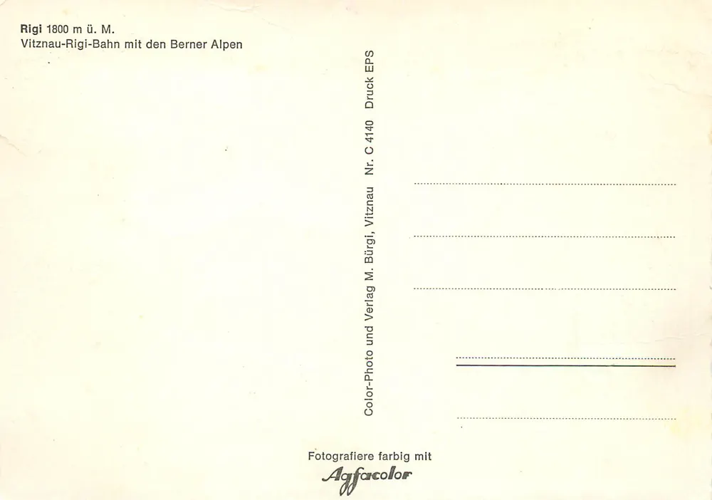 Vitznau-Rigi-Bahn — vista panorâmica com as Alpes Bernois — editor M. Bürgi, Vitznau - Verso