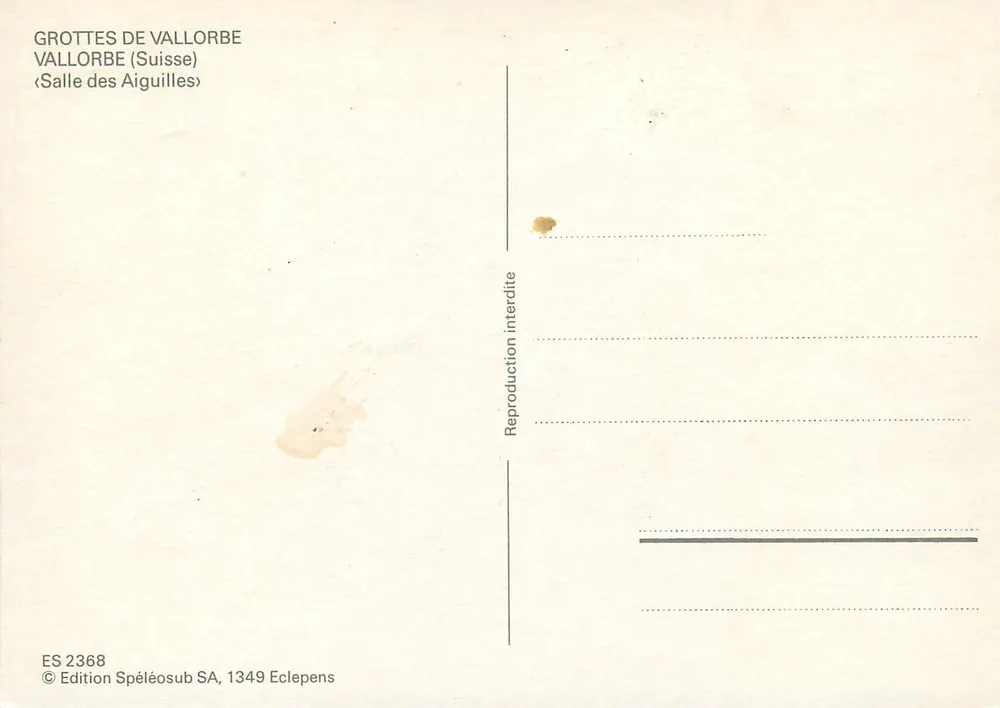 Grotten von Vallorbe — Saal der Nadeln — Edition Spéléosub SA, Nr. ES 2368 - Rückseite