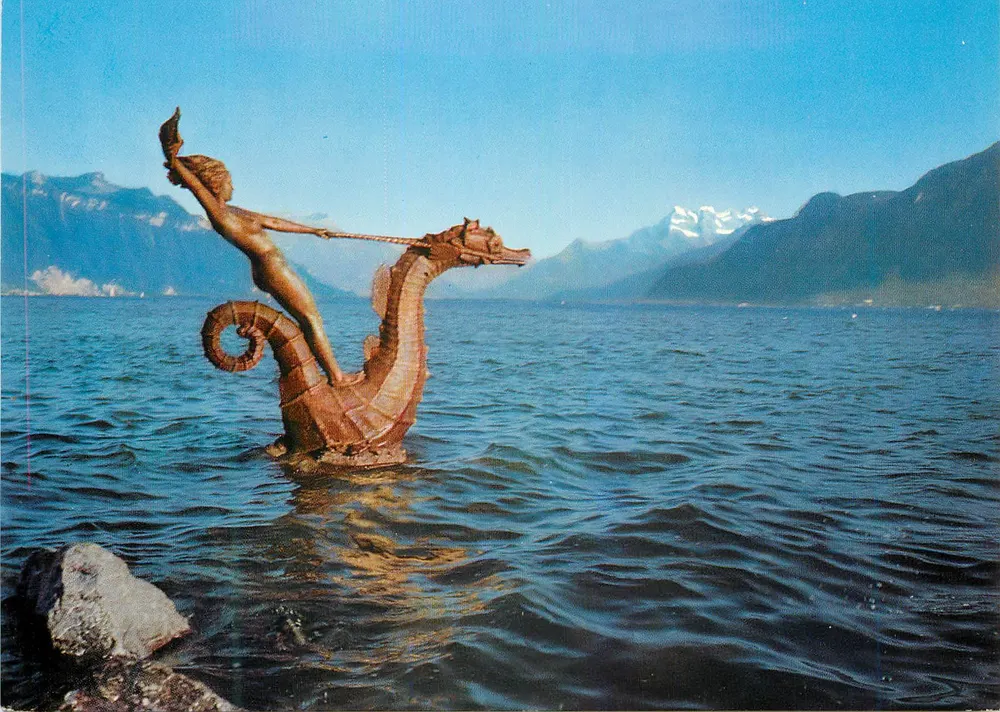 Vevey und Dents du Midi — « Hippocampe » des Bildhauers. Verlag — M. Sandoz — Nr. 5623 - Vorderseite