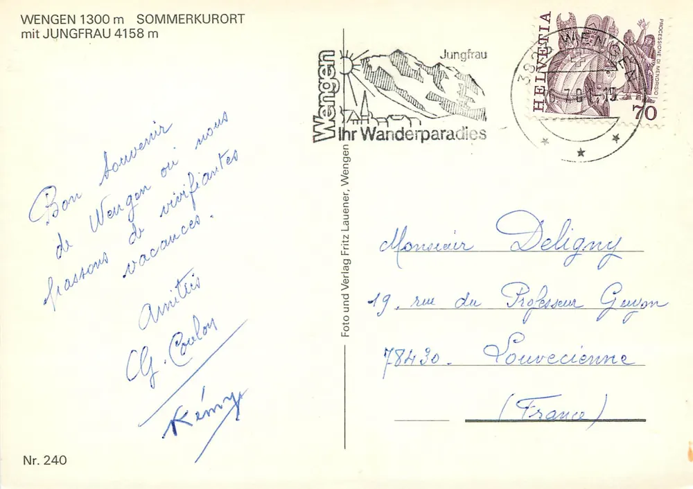 Wengen — Sommerkurort mit Jungfrau — Verleger Fritz Lauener, n° 240 - Rückseite
