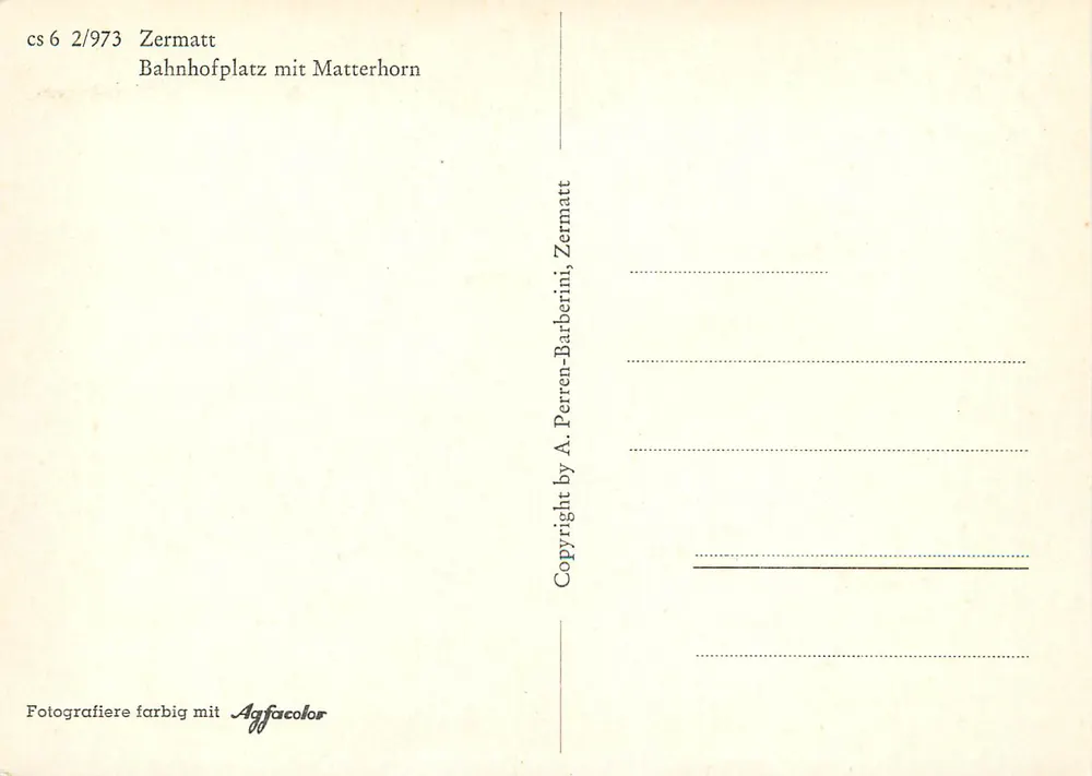 Zermatt — Platz der Station mit dem Matterhorn — Verlag A. Perren-Barberini - Rückseite