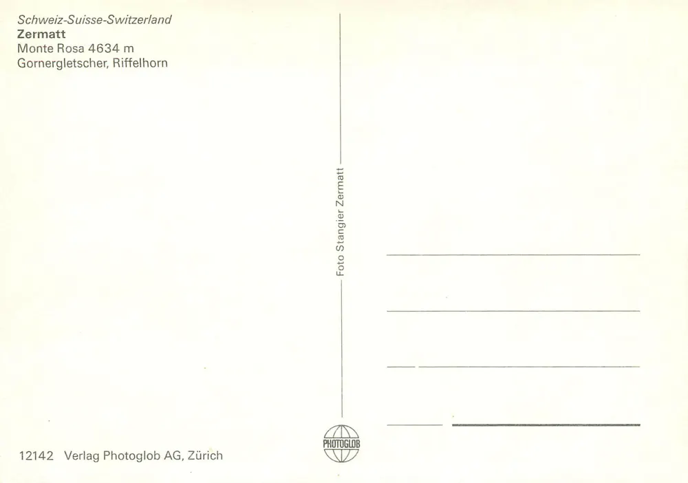Monte Rosa — Gornergrätser, Riffelhorn — Verlag Photoglob AG, Zürich n°12142 - Rückseite