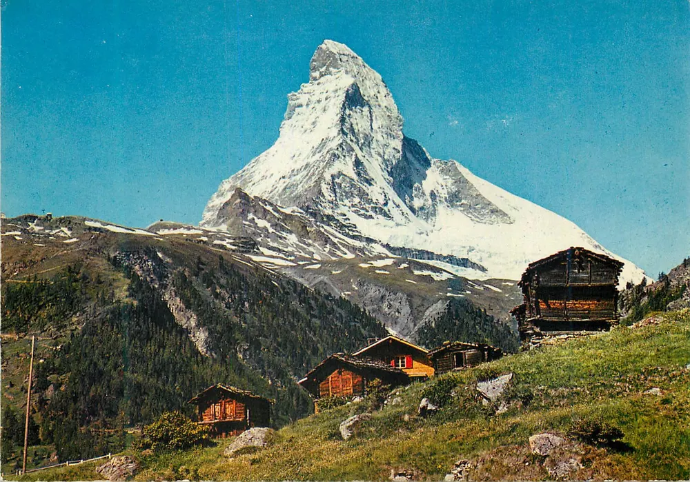 Matterhorn — panoramische uitzicht met houten chalets — Antieke ansichtkaart Éditions Iris Méxichrome, n° 930 - Voorkant