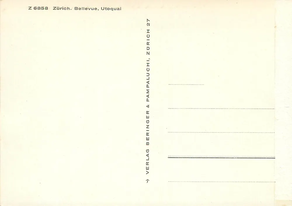 Zürich - Bellevue, Utoquai — Panoramablick mit See und schneebedeckten Bergen — Verlag Beringer & Pampaluch, Zürich - Rückseite