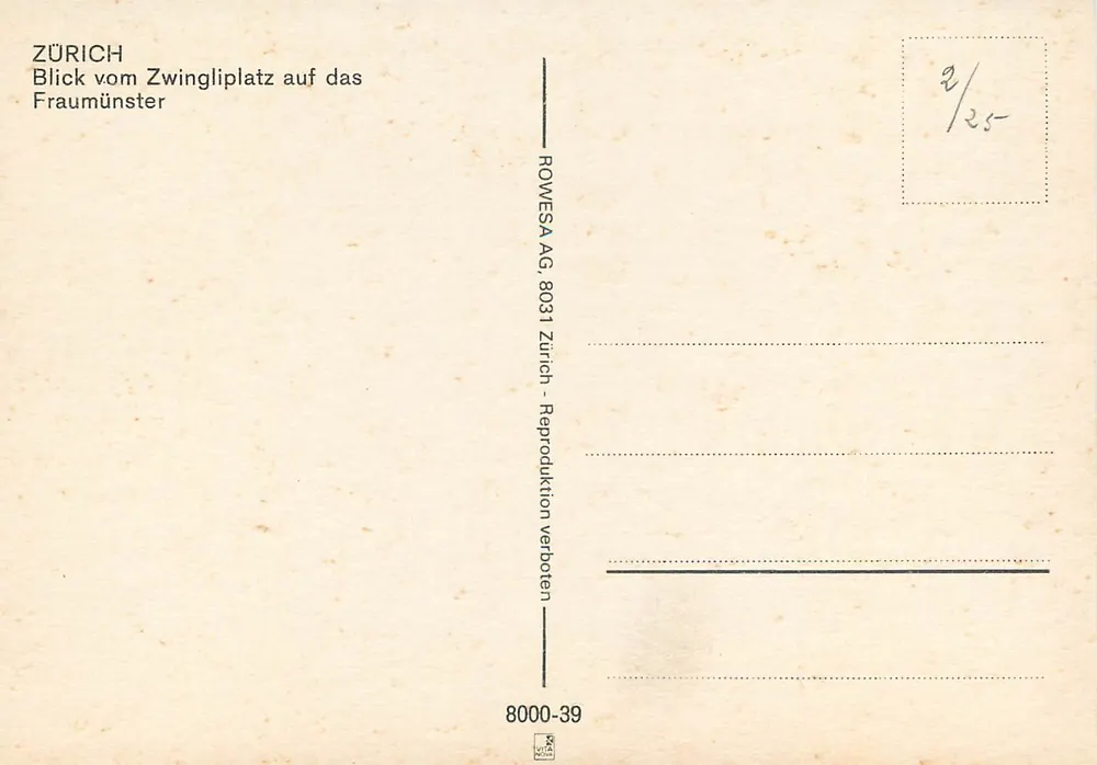 Zürich — Blick auf den Zwingliplatz mit Blick auf das Fraumünster — ROWESA AG, 8000-39 - Rückseite