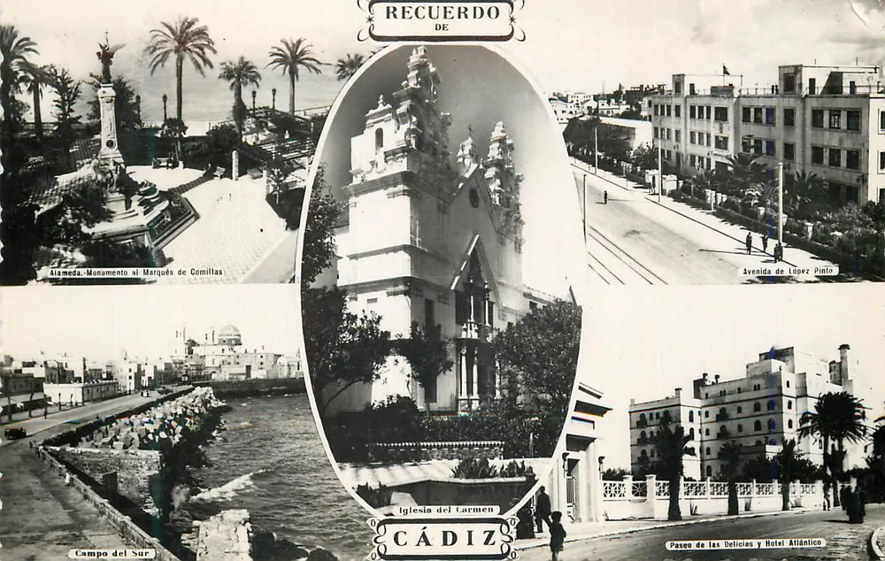 Cádiz — Panoramablick mit Denkmal, Kirche und Straßen — Recuerdo de Cádiz - Vorderseite