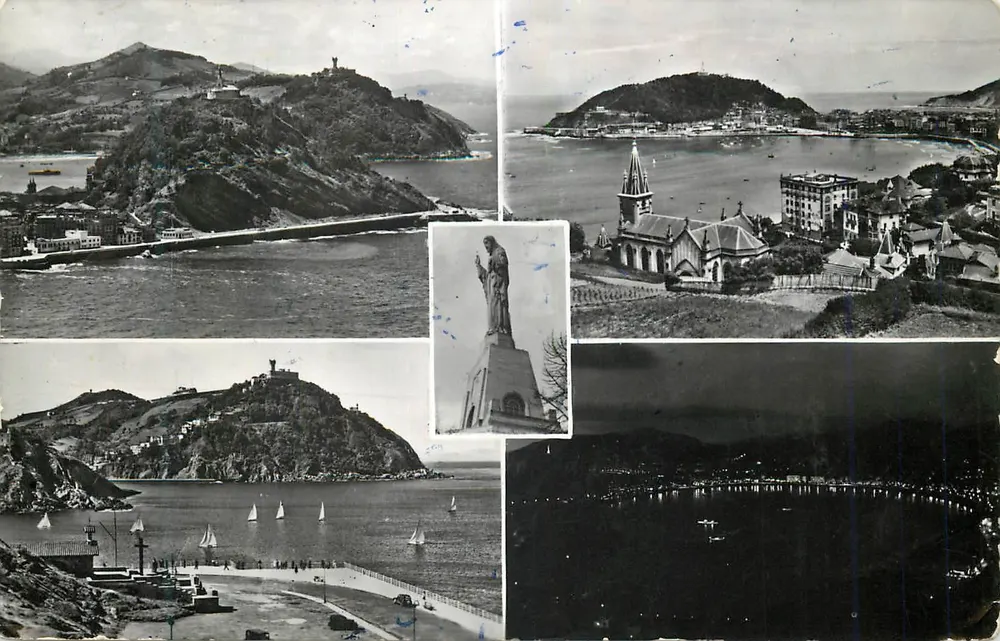 San Sebastián — Panoramablick mit Statue, Kirche und Nacht — unbekannter Verleger - Vorderseite