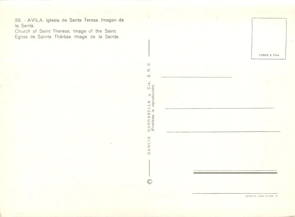 Avila - Iglesia de Santa Teresa — editor Garcia Garrabella & Cia. S.R.C. - Reverso