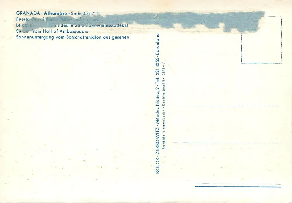 Granada, Alhambra — Sonnenuntergang vom Salón de los Embajadores — Kolor-Zerkowitz, Barcelona, Serie 45 Nr. 11 - Rückseite
