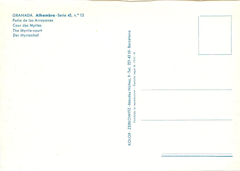 Alhambra — Patio de los Arrayanes — KOLOR - ZERKOWITZ, Barcelona, serie 45 n°13 - Achterkant