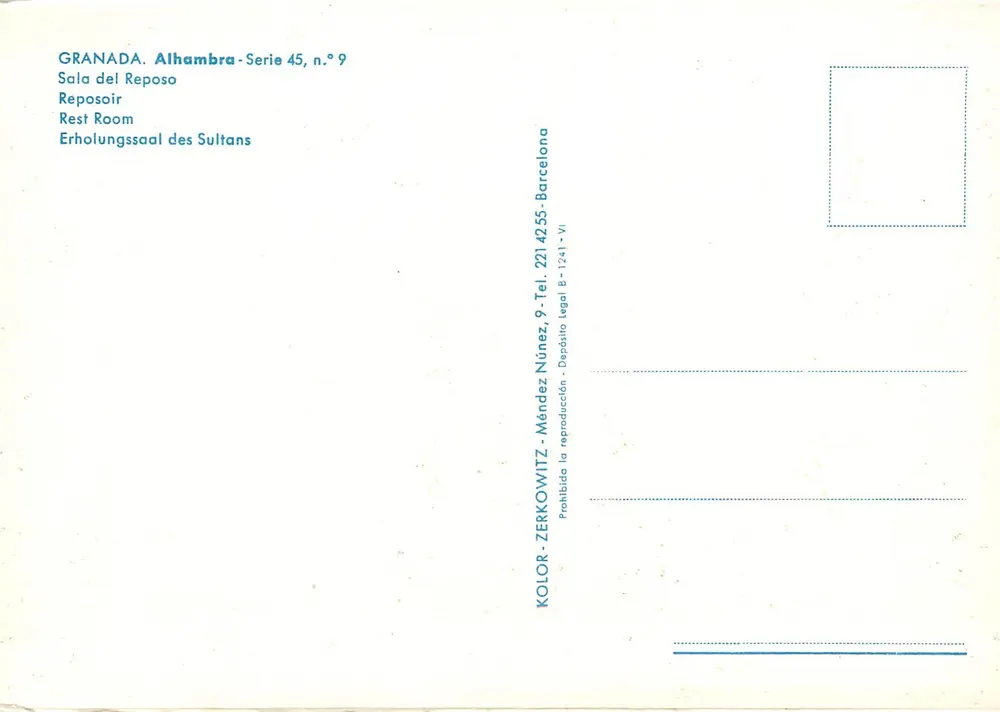 Granada. Alhambra — Sala del Reposo — Serie 45, n°9, uitgever Kolor-Zerkowitz - Achterkant