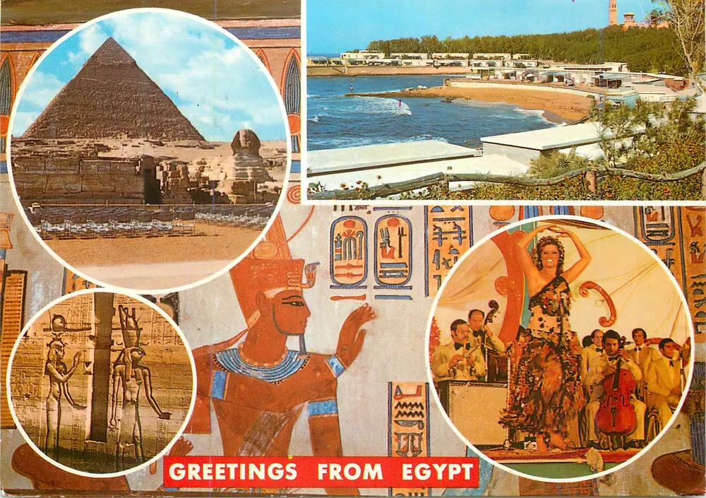 GRÜßE AUS ÄGYPTEN — Gizeh, Montazah-Strand, Bauchtänzerin Nagwa Fuad, Relief des Tempels der Isis, Wandmalerei von Amen, Tempel Khovsef - Vorderseite