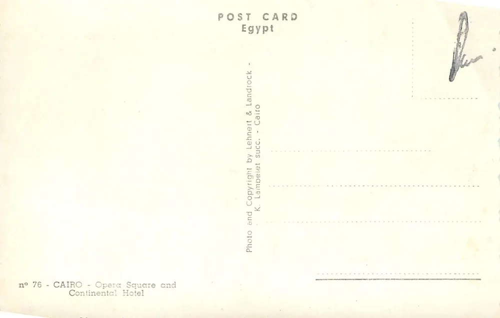 Cairo - Praça da Ópera — estátua equestre e fonte — editor Lehnhert & Landrock - Verso