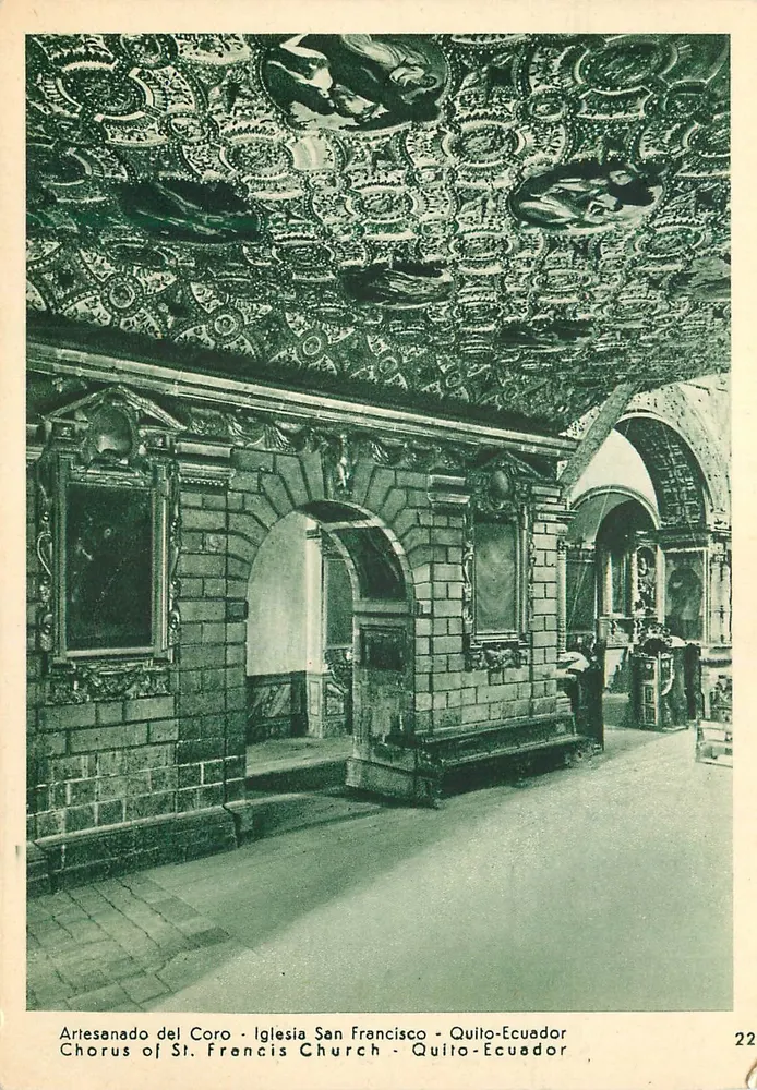 Chöre der Kirche St. Franziskus — Verzierte Decke und Steinbögen — Quito-Ecuador - Vorderseite