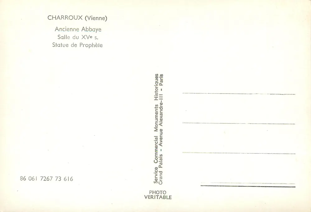 Charroux (Vienne) — Alte Abtei, Zimmer des 15. Jahrhunderts, Statue eines Propheten — Service Commercial Monuments Historiques, Paris - Rückseite