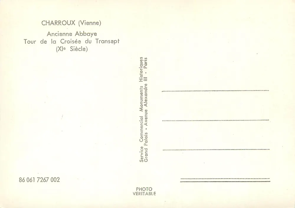 Charroux (Vienne) — Alte Abtei, Turm der Kreuzung des Querbaus (11. Jahrhundert) — Service Commercial Monuments Historiques, Grand Palais, Paris - Rückseite