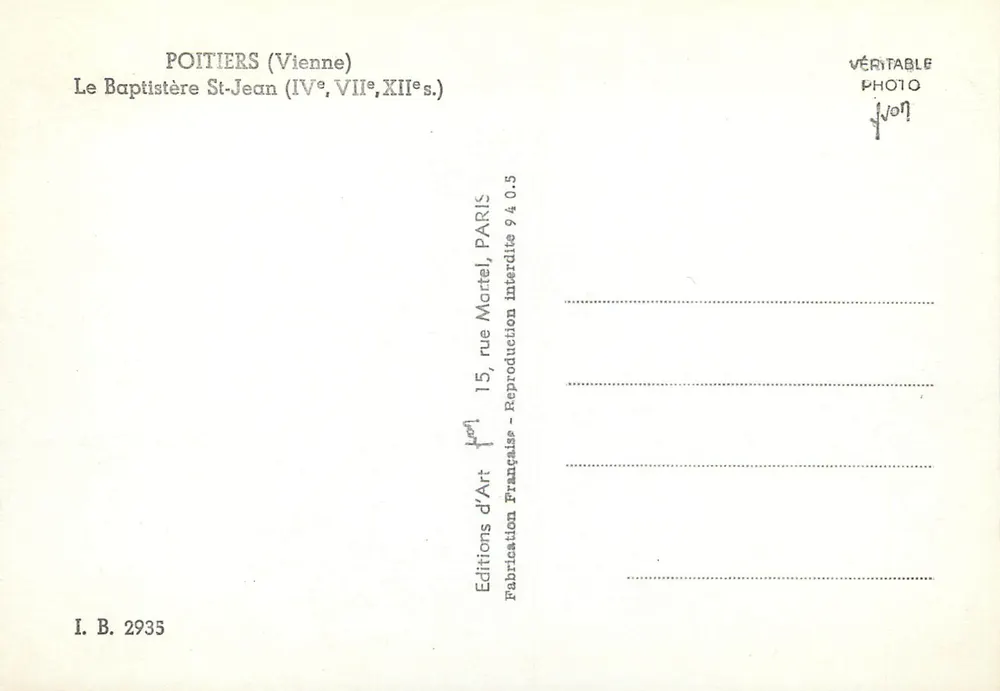 Poitiers (Vienne) — Das Baptisterium Saint-Jean (4., 8., 12. Jh.) — Éditions d'Art Martel, Paris - Rückseite