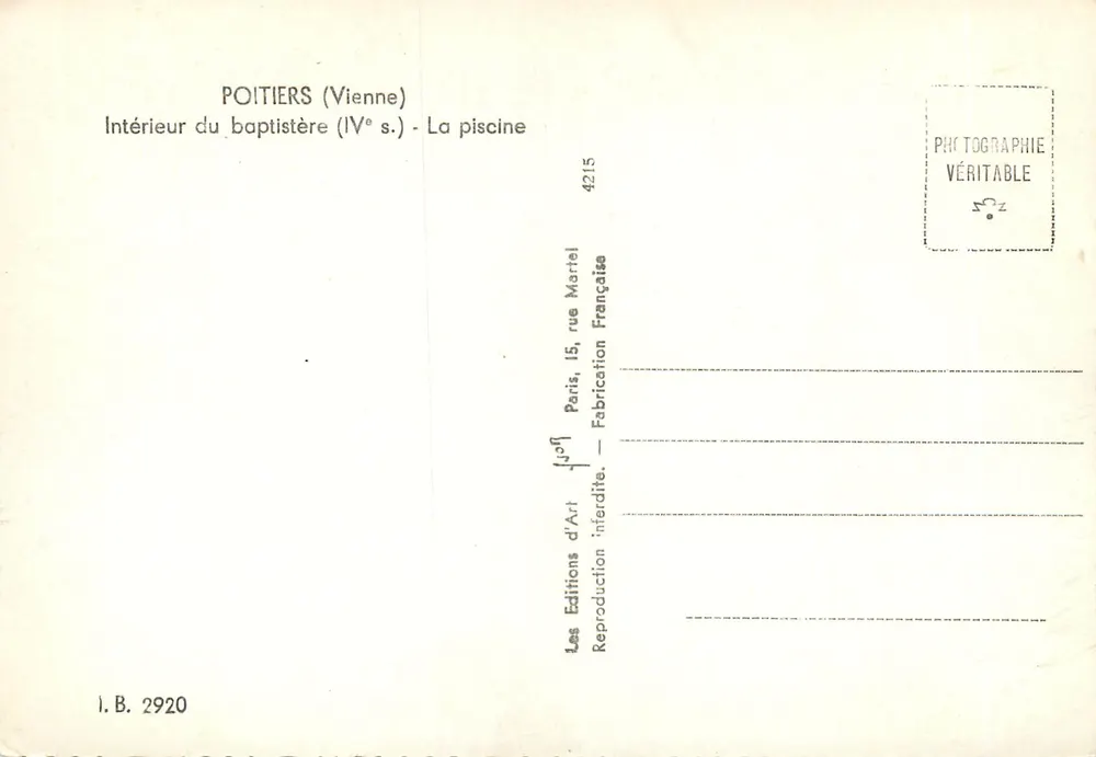 Poitiers (Vienne) — Innenraum des Baptisteriums (5. Jahrhundert) — Das Becken — Les Éditions d'Art, Paris - Rückseite