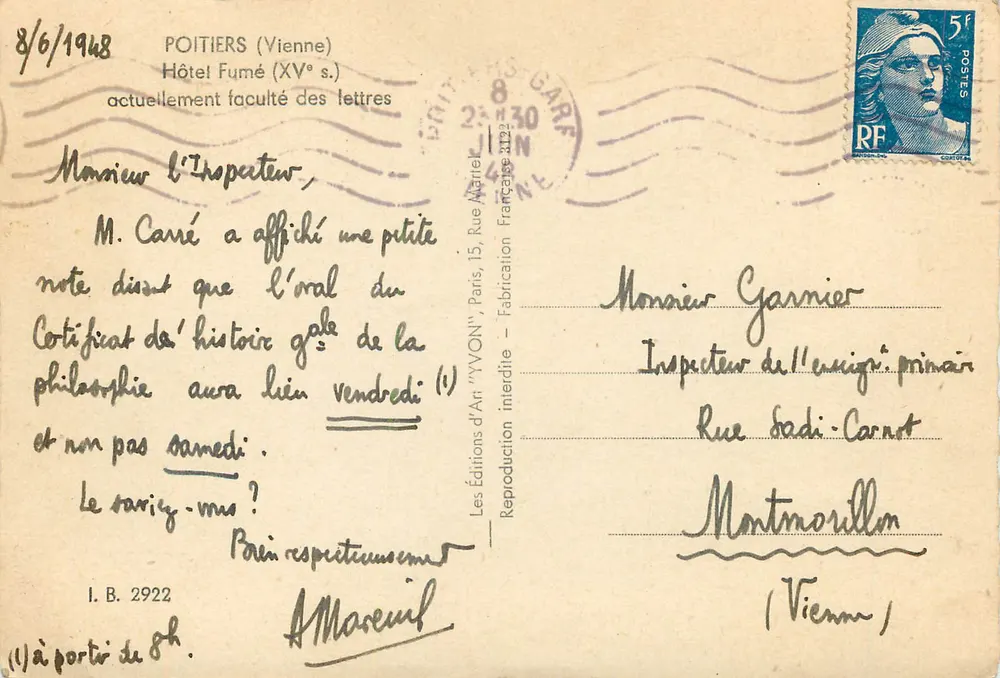 Hôtel Fumé — Poitiers — Les Éditions d'Art 'YVON' - Rückseite