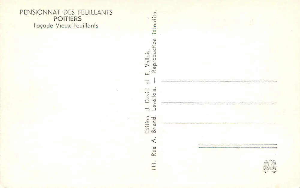 Pensionnat des Feuillants — Fassade Vieux Feuillants — Edition J. David et E. Vallois - Rückseite