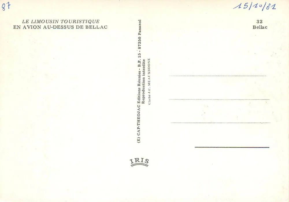 Béllac — Luftbild — Éditions Réunies - B.P. 15 - 87350 Panazol - Rückseite