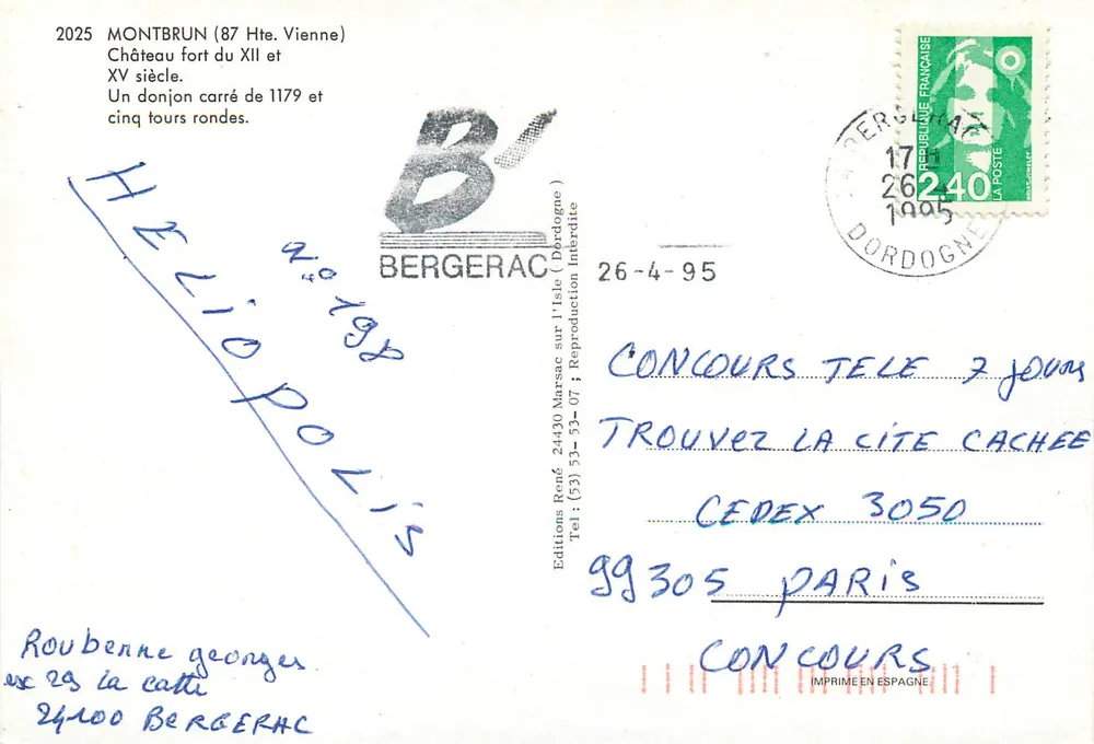 Schloss Montbrun — Festung aus dem 12. und 15. Jahrhundert, fünf runde Türme — Éditions René Bergerac, Nr. 198 - Rückseite