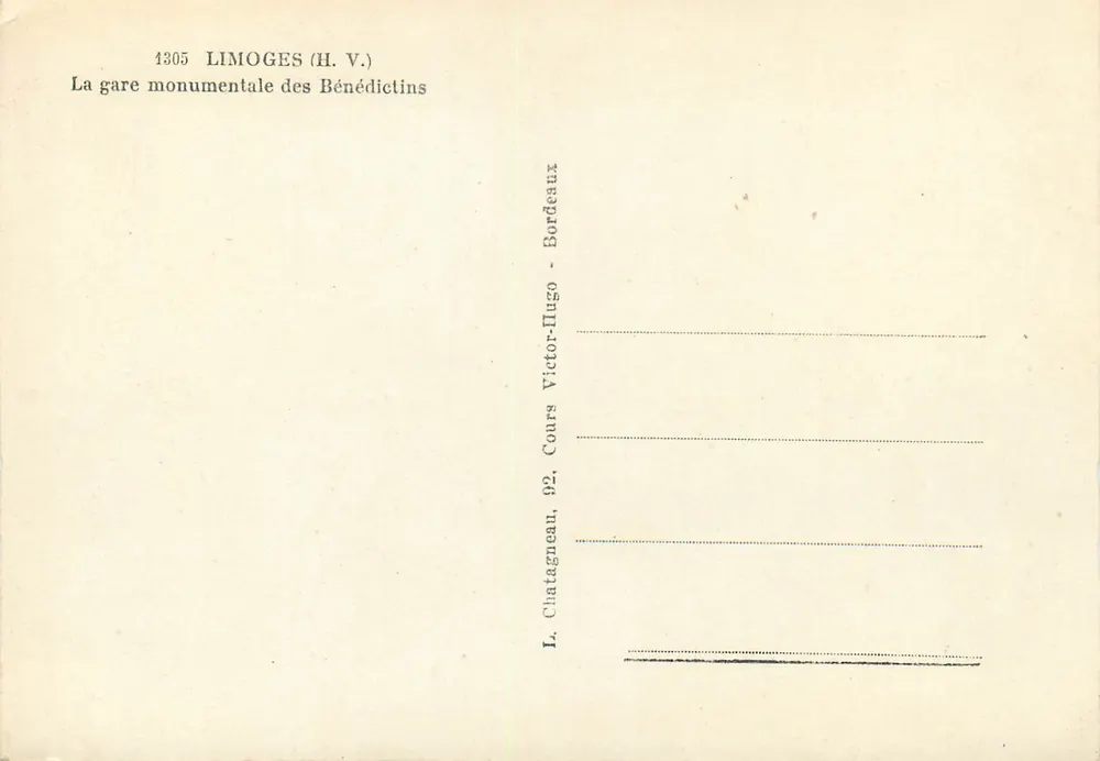 Limoges (H.V.) — A estação monumental dos Bénédictins — Editor Elcée - Verso