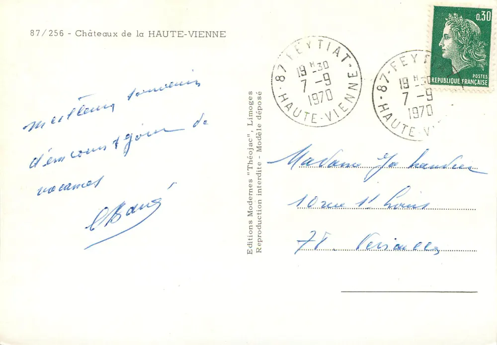 Castelos da Haute-Vienne — Edições Modernas "Théojac", n°87/256 - Verso