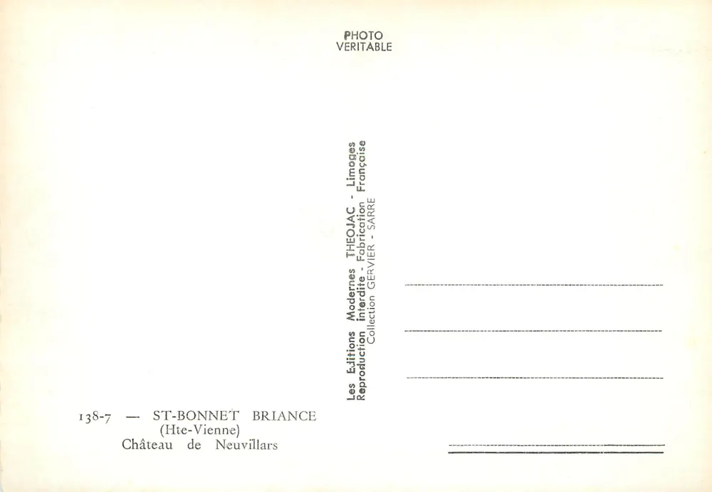 Schloss Neuwillars — Saint-Bonnet-de-Briance — Editions Theojac - Rückseite