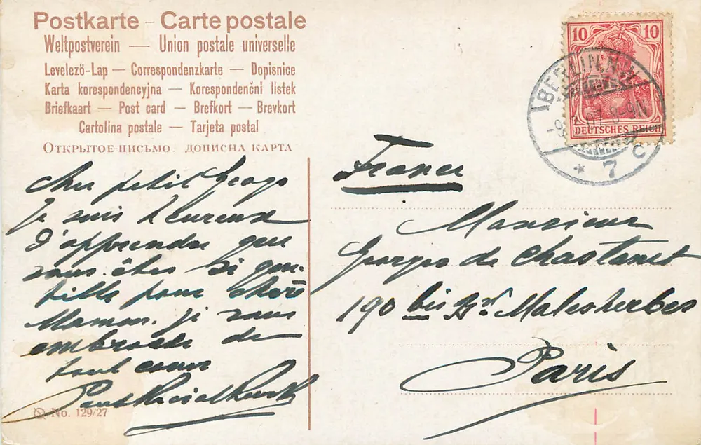 Berlim — Ponte Kurfürsten com estátua equestre — Postkarte No. 129/27 - Verso