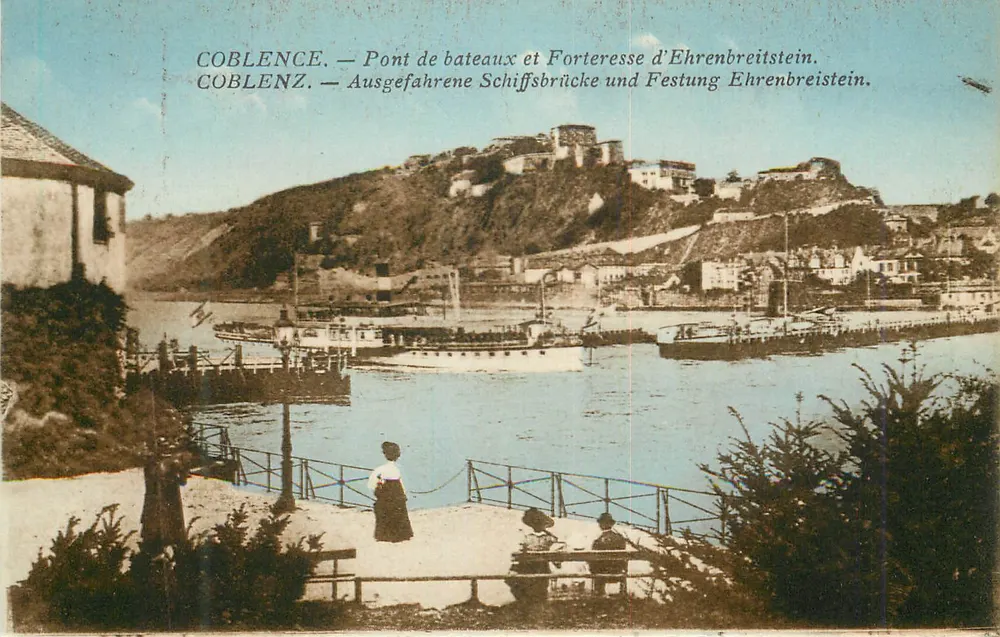 Koblenz — Bootbrücke und Festung Ehrenbreitstein — Aussicht vom Rhein - Vorderseite