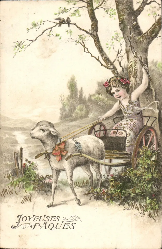 Mädchen in einer von einer Schaf gezogenen Kutsche — Frohe Ostern — Verlag nicht sichtbar - Vorderseite