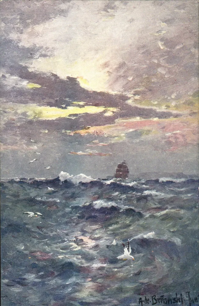 Zonsondergang over zee — boot in de verte — uitgever U.W. Faulkner & Co. Ltd. (CW.F. Series) - Voorkant