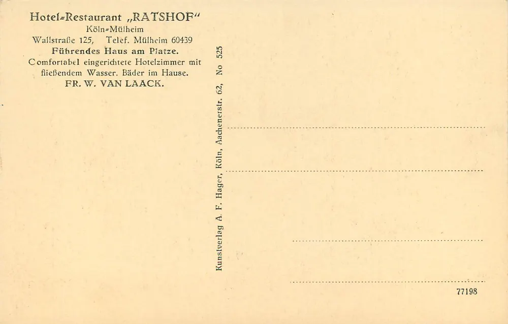 Hotel-Restaurant „RATSHOF“ — Köln-Mülheim — Kunstverlag A. F. Hager, Köln - Achterkant