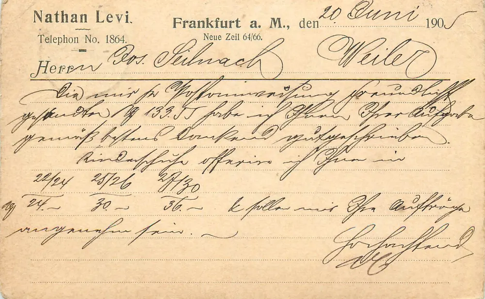 Frankfurt a.M. — Nathan Levi — Ansichtskarte vom 20. Juni 1905 - Vorderseite