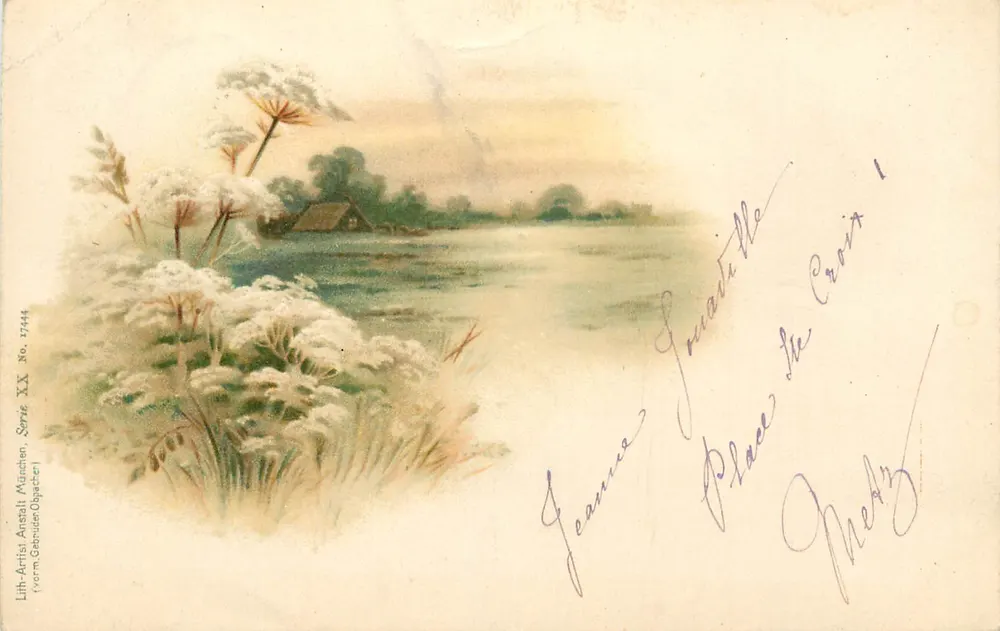 Jezioro i białe kwiaty — Litho-Artist, Anstalt München, seria XX, nr 17444 - Awers