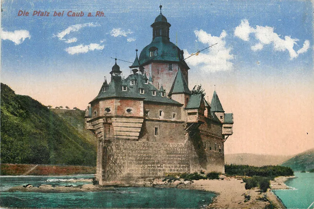 Zamek Pfalz w Caub przy Rynie — kolorowa wersja — wydawca nieznany - Awers