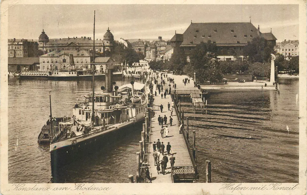 Konstanz en el lago de Constanza — Puerto con Concilio — Editorial Emil Hartmann, Mannheim - Anverso