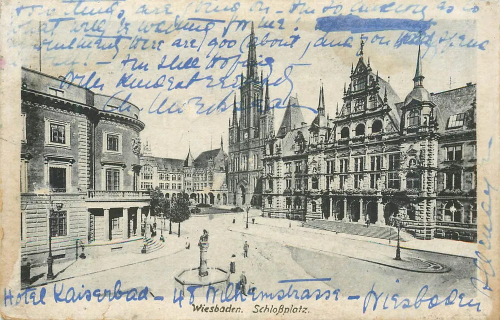 Schloßplatz a Wiesbaden — Hotel Kaiserbad — 45 Milchimstrasse — editore non visibile - Recto