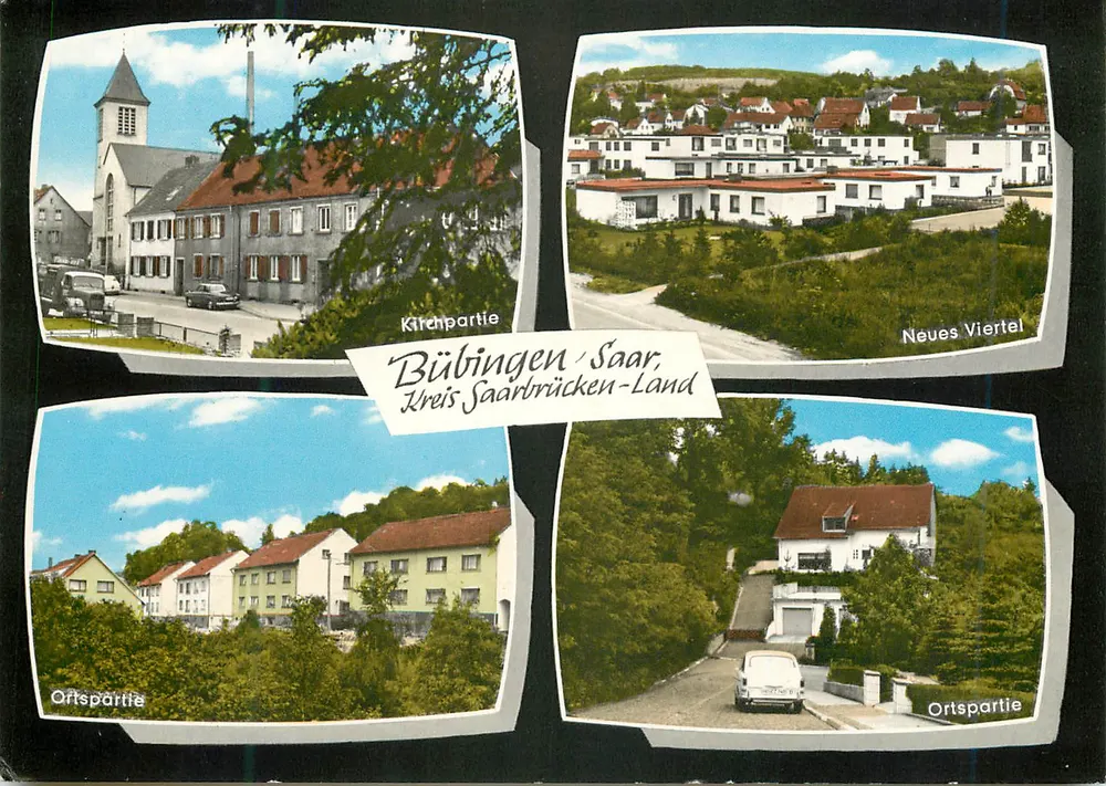 Bübingen-Saar — Kirchpartie, Neues Viertel, Ortspartie — H. Walla, Ansichtskarten-Großverlag, Postfach 111, 6903 Neckargemünd, Kr. Heidelberg - Recto