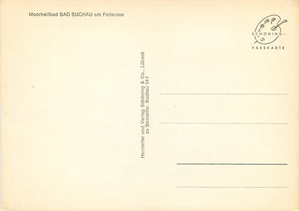 Moorheilbad BAD BUCHAU am Federsee — vista del parque con fuente y niños — editor Schöning & Co., Buchau - Reverso