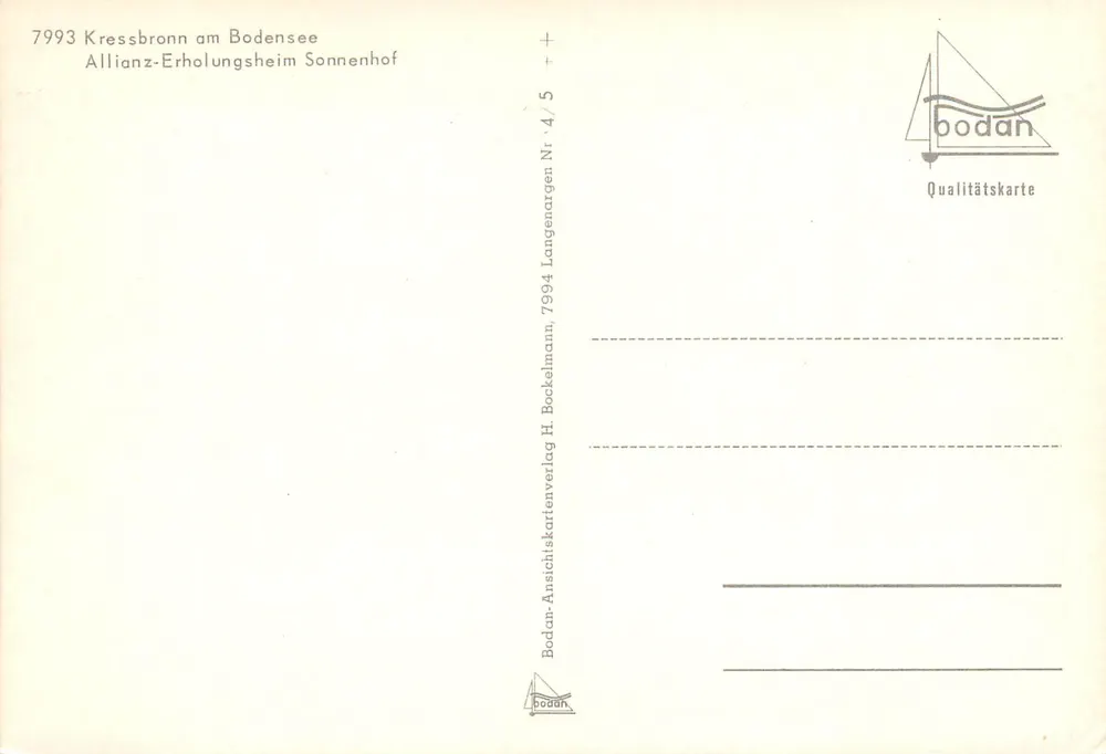 Kressbronn am Bodensee — Allianz-Erholungsheim Sonnenhof — Bodan Qualitätskarte Nr. 4/5 - Rückseite