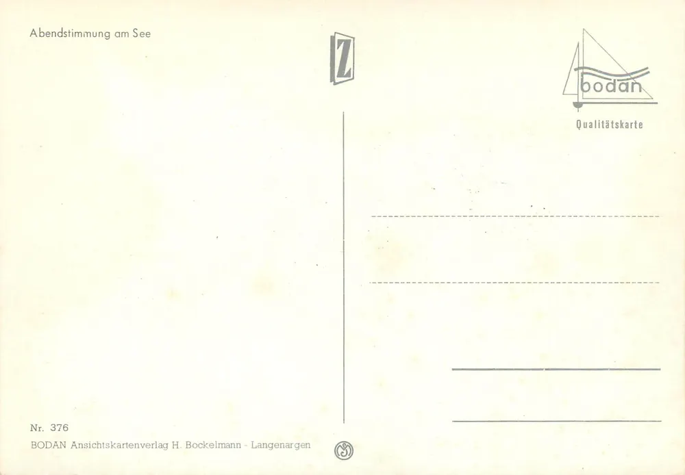 सूर्यास्त एक झील पर — झील के पास शाम की छवि — BODAN Ansichtskartenverlag H. Bockelmann - Langenargen, संख्या 376 - पीछे