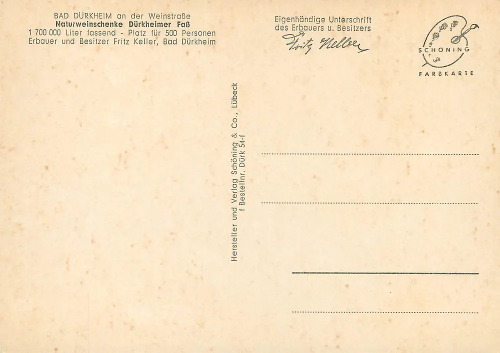 Bad Dürkheim an der Weinstraße — Naturweinschenke Dürkheimer Faß — Schöning & Co., Lübeck - Rückseite