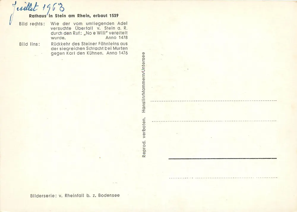 Rathaus Stein am Rhein — editor Hanslin/Mammern, n° de série 1968 - Verso